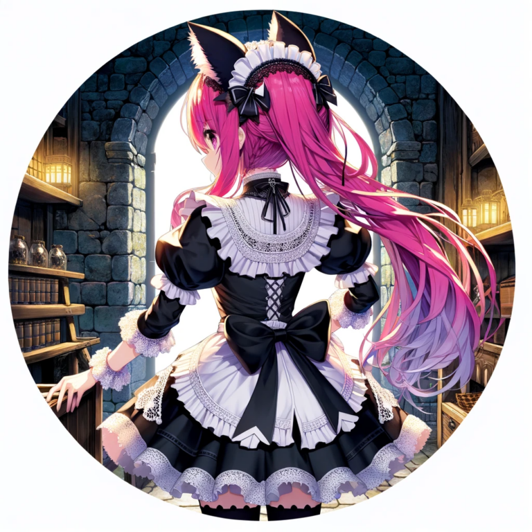 DALL·E 2024 01 03 17.50.00 Anime character Alina in her maid outfit with black cat ears viewed from behind in a dungeon setting within a circular icon depicted in anime style