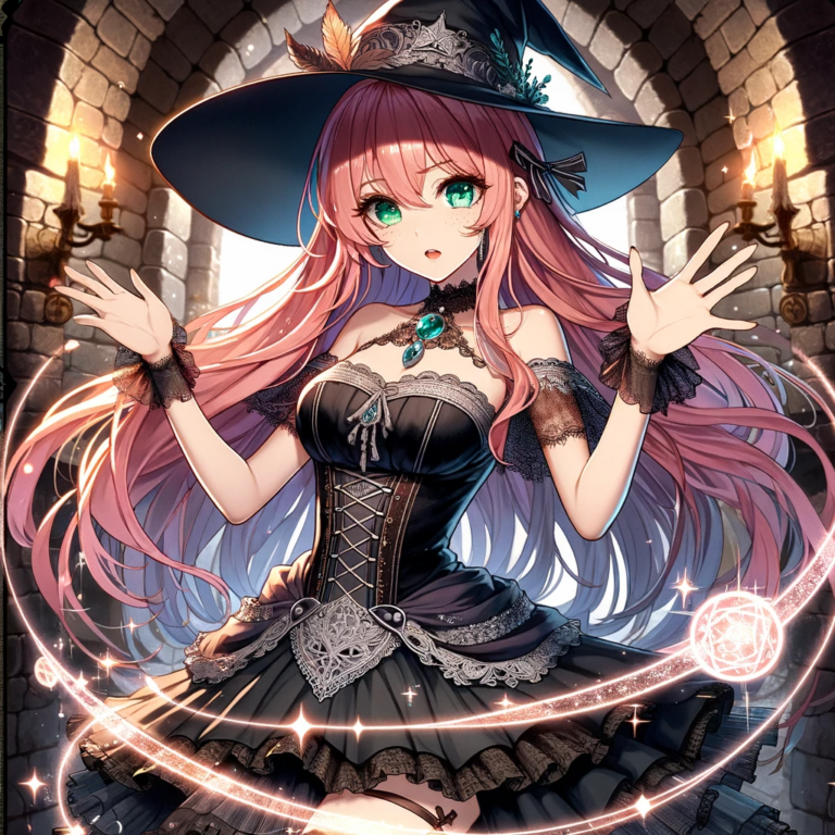 DALL·E 2024 01 03 17.50.49 Anime style witch in her mid 20s with long flowing rose pink hair casting a spell in a dungeon setting within a circular icon. She has emerald green