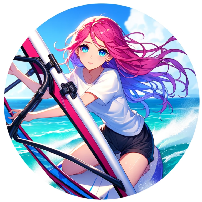 DALL·E 2024 01 03 17.57.48 Anime character Alina in a circle icon depicted in anime style with normal colors as shes windsurfing. She has long vibrant pink hair in soft waves