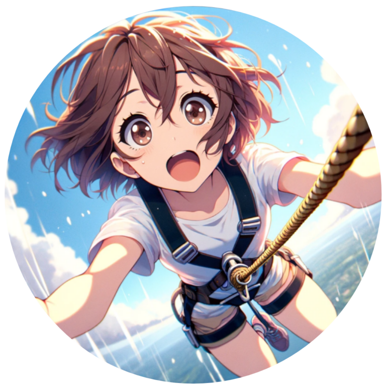 DALL·E 2024 01 03 17.56.01 Anime character Sarah in a circle icon depicted in anime style with normal colors as shes bungee jumping with a rope. Sarah has short wild brown ha 768x768 1