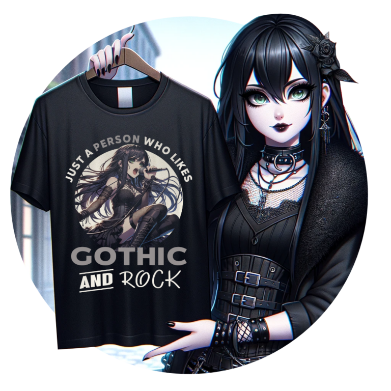 Sandra Gotha ein Mädchen die den Gothic Style liebt und ein Tshirt mit Just a girl who likes Gotfic and Rock hochhält