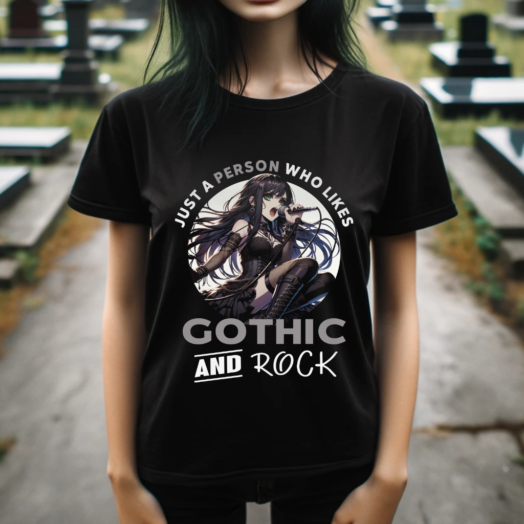 Sandra Gotha ein Mädchen die den Gothic Style liebt und ein Tshirt mit Just a girl who likes Gotfic and Rock trägt